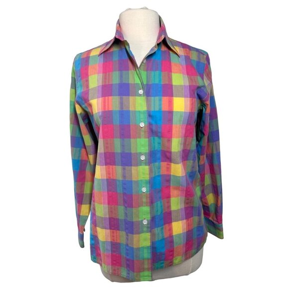 Foxcroft Women's Rainbow Multicolor Plaid Button-Up Casual Cotton Shirt - Picture 1 of 4